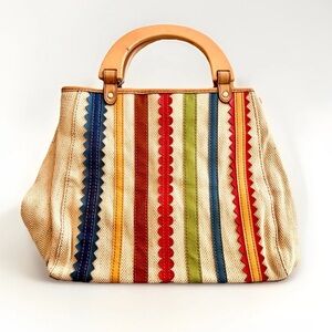 Relic Boho Multicolor Canvas Satchel Bag Wood Handle Shoulder Tote